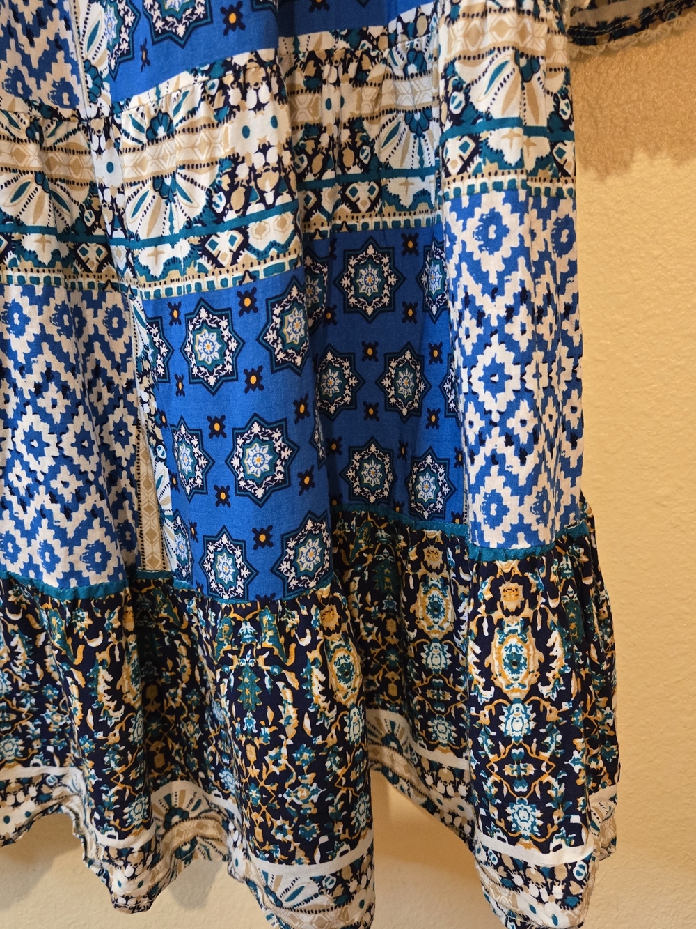 Umgee Mixed Print Blue Peasant Bohemian Tunic Dress with Crisscross Back Size S - Picture 12 of 14
